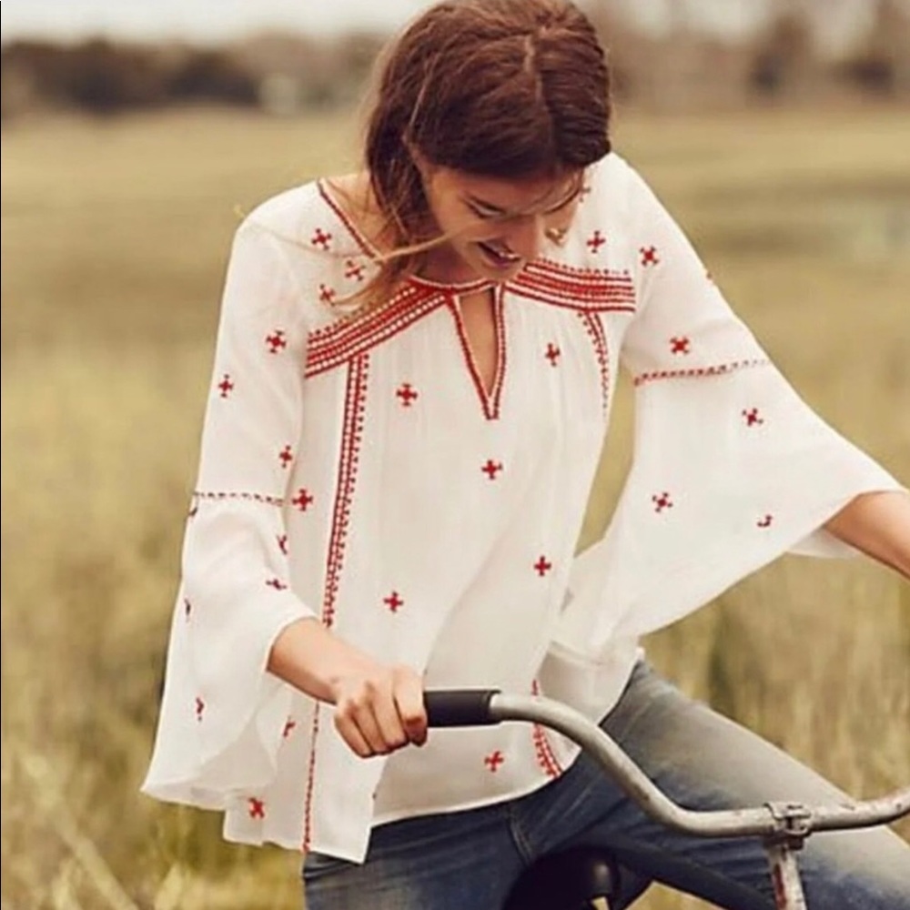 Anthropologie Floreat Adena Embroidered Whimsical Boho Peasant Top Size 4